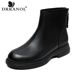 DRKANOL 2024 Fashion Autumn Winter Ankle Boots For Women Genuine Leather Sheepskin Round Toe Back Zipper Flat Heel Chelsea Boots