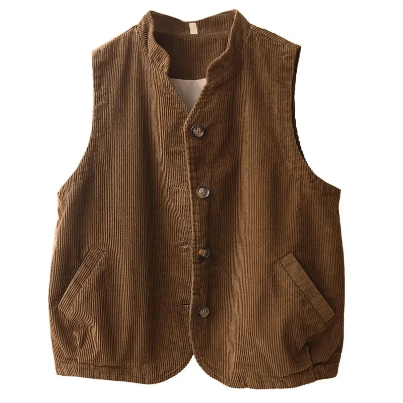 Lady Large Size 5XL Striped Velvet Waistcoat  Autumn Female Stand Collar Double-deck Vest Coat Women Corduroy Sleeveless Jacket