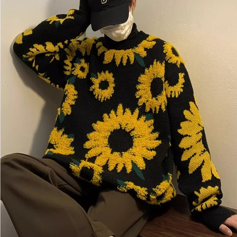 

Men Harajuku Style Knitted Retro Streetwear Flocking Floral Couple Long Sleeve Spring Autumn Japanese Style Casual Pullover