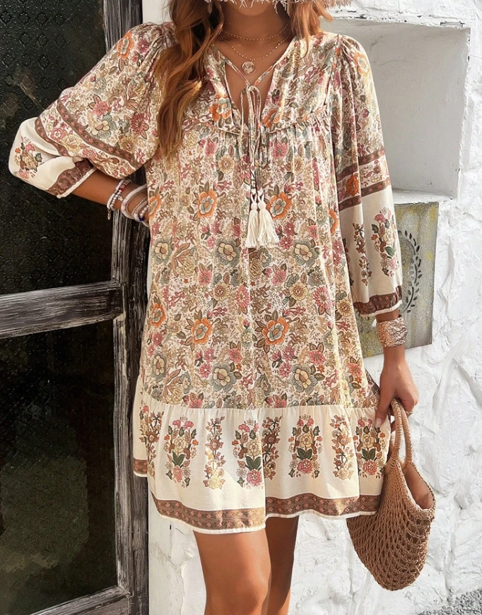 Casual Elegant Women's Dress Bohemian Style Casual V-Neck Lace Up Printed Short Skirt Summer New Women's Loose Long Sleeve Dress