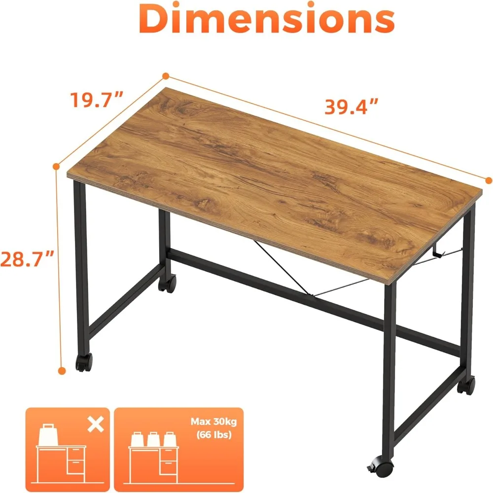 Compact Gaming Desk on Wheels for Small Spaces - Modern Minimalist Home Office and Study Writing Table
