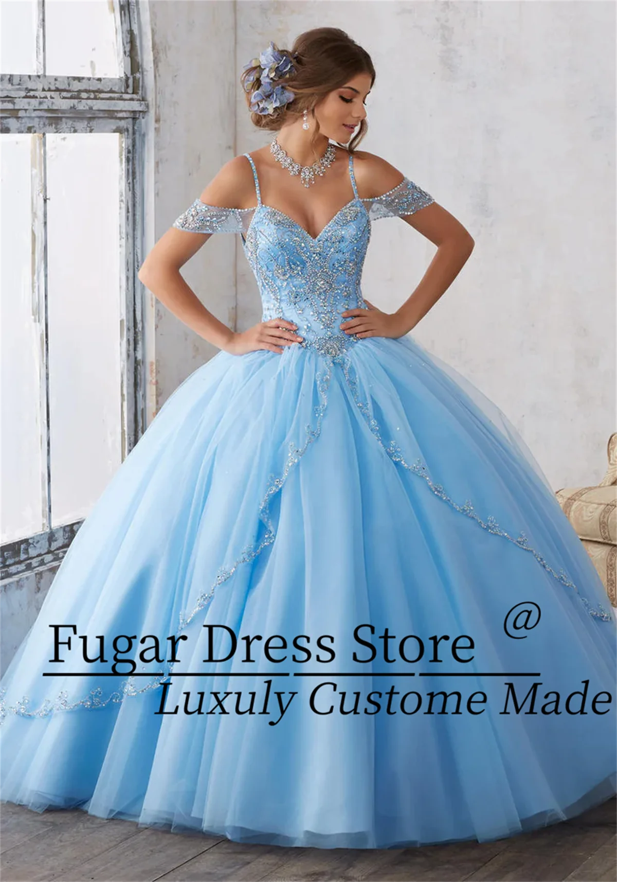 Mori Lee Sky Blue Quinceanera Dresses Luxuly Lnlaid Jewelry Off Shoulder Birthday Party Princess Ball Gown Vestidos De 15 Anos