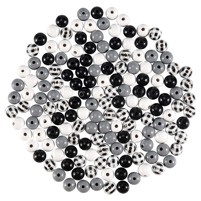 

160Pcs Craft Wood Round Beads Plaid Wood Beads Summer Christmas Wood Bead Natural Farmhouse Beads (Black White Plaid)