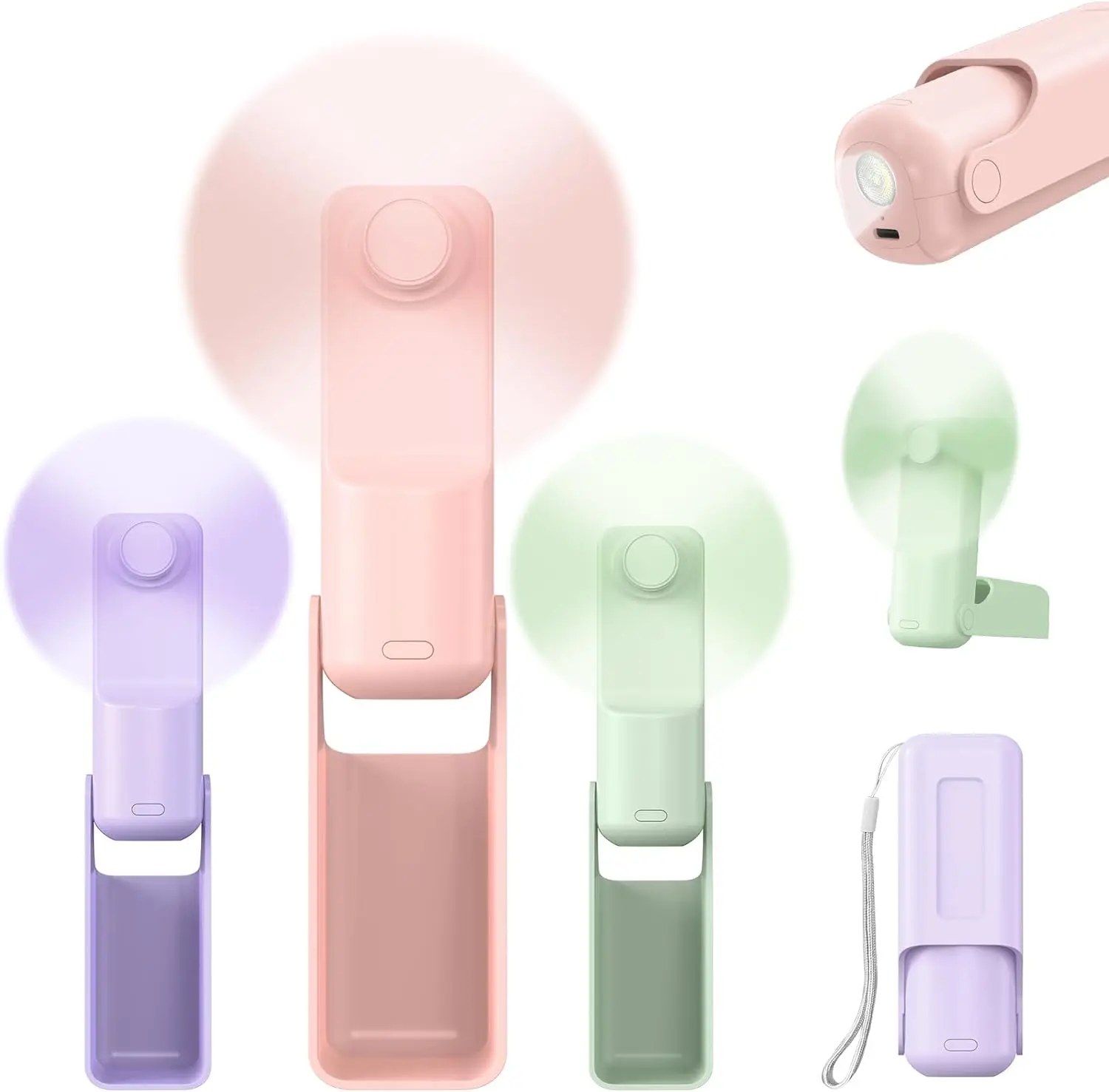 

Портативный USB-C вентилятор 3-в-1 с фонариком, перезаряжаемый, 10 часов работы, 3 скорости, с ремешком - фиолетовый, розовый, зеленый