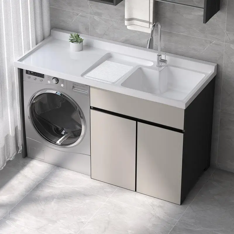 

Balcony washing machine integrated cabinet combination space aluminum laundry cabinet sink laundry tank with washboard roller