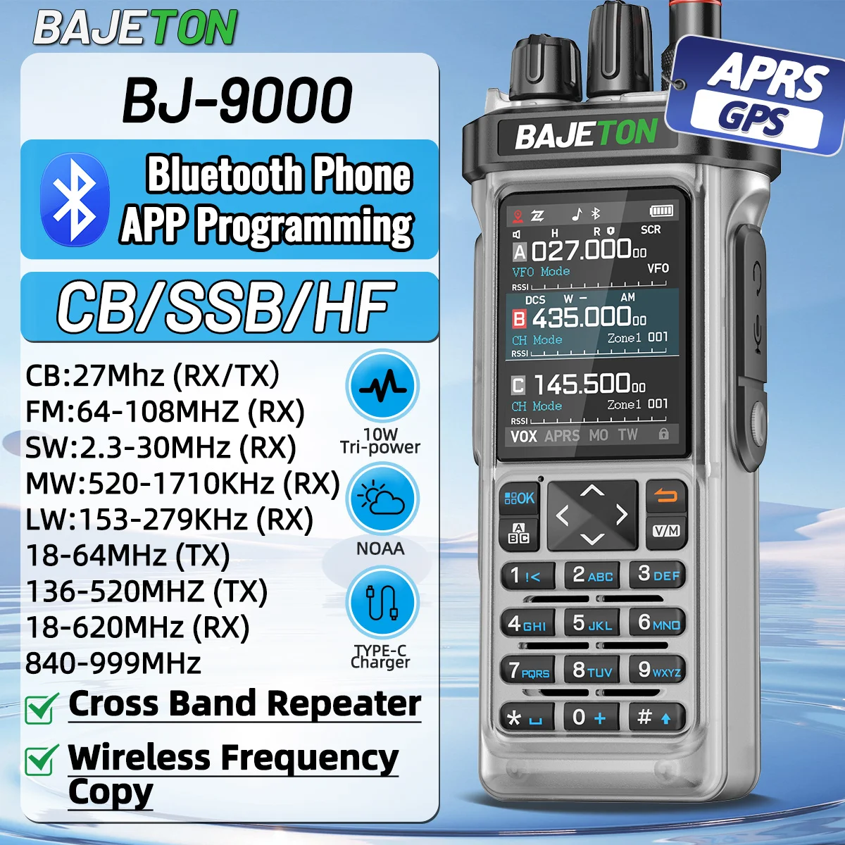 BAJETON BJ-9000 APRS GPS Walkie Talkie CB SSB HF Bluetooth APP Programming Long Range VOX NOAA For RT-950 RT-950 Ham Radio