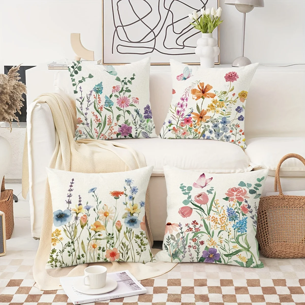 1/4pcs Floral Printed Pillowcases with Butterfly Motifs Sofa cushion cover home bedroom room decoration