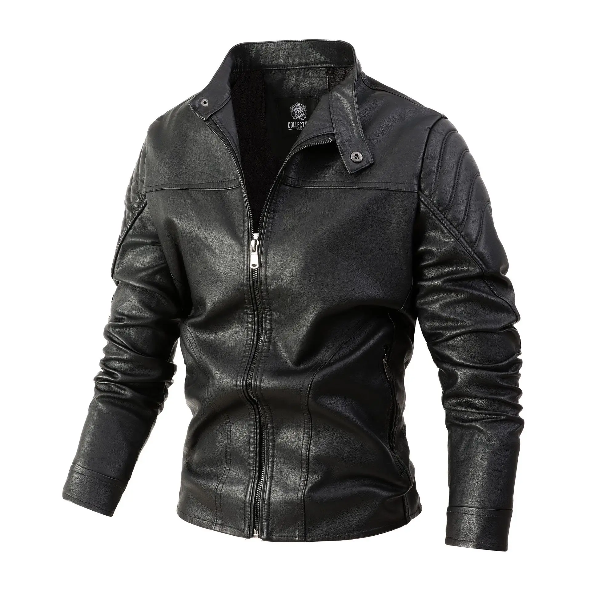 

2024 Winter Black Leather Jacket Men Fur Lined Warm Motorcycle Jacket Slim Street Fashion BLack Biker Coat Pleated Design Zipper