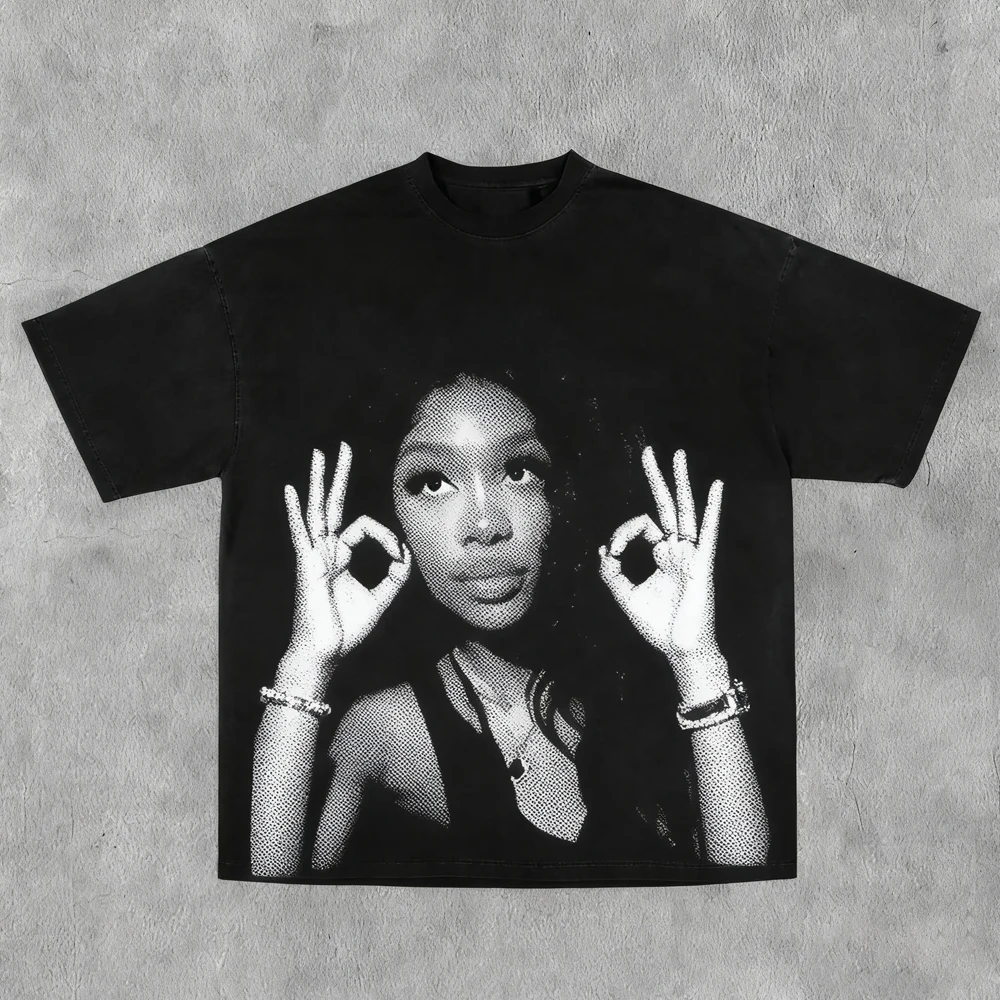 American Hip-hop Character Pattern Printed T-shirt Casual Fashion Oversized T-shirt Harajuku Gothic Retro Tshirts Unisex Y2k Top