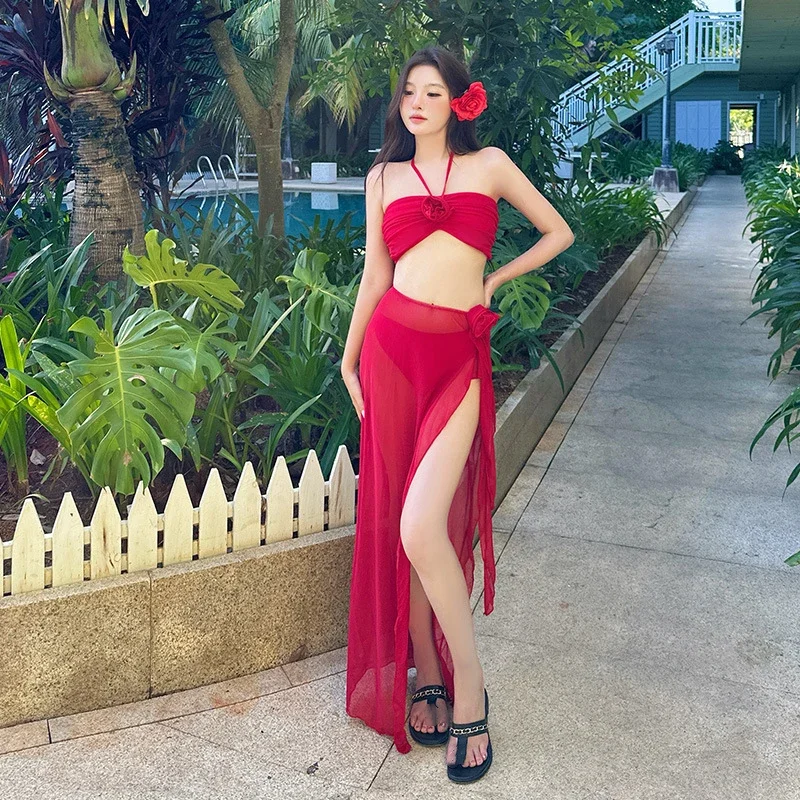 

3 упаковки бикини-бандо с 3D цветами 2024, купальник с сетчатыми юбками, красный купальник, женский сексуальный купальный костюм, летняя пляжная одежда для плавания