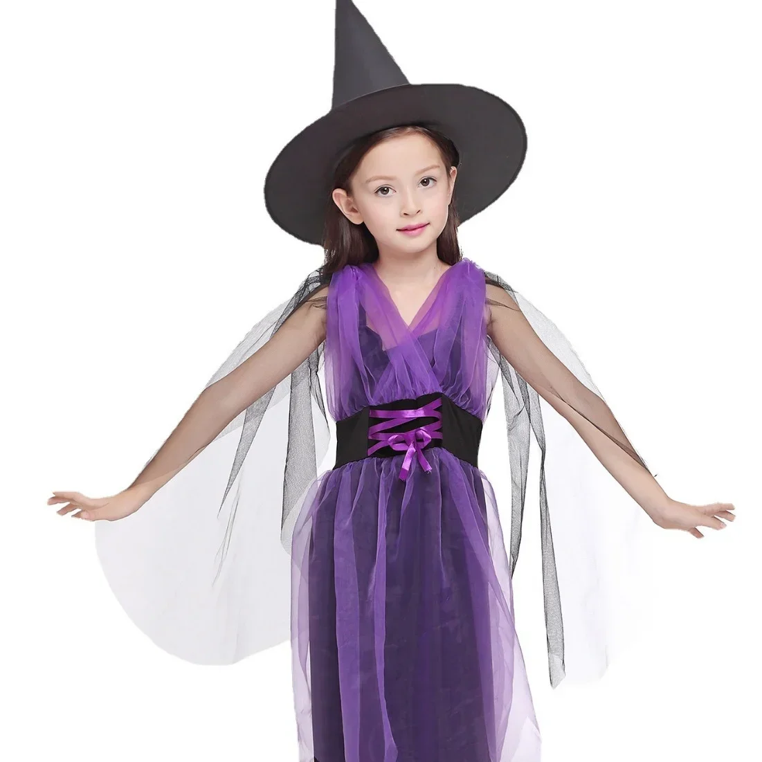 Halloween-Hexen-Kostüm-Geschenkset für Kinder, lila, schwarz, unregelmäßiges Tüllkleid, Hut, Party, Fotografie, Cosplay-Set – Detail 6