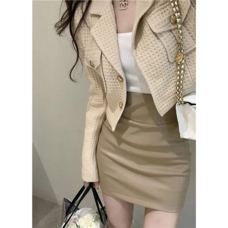 Autumn simple commute Korean version of long sleeve suit cardigan coat +meat cover buttock skirt two-piece suit women Dress Sets