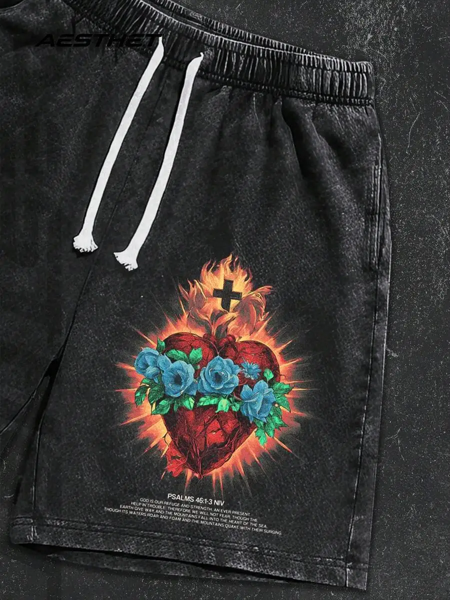 

Mens 100% Cotton Vintage Washed Drawstring Shorts With Sacred Heart Rose Graphic Casual Streetwear Summer Bottoms