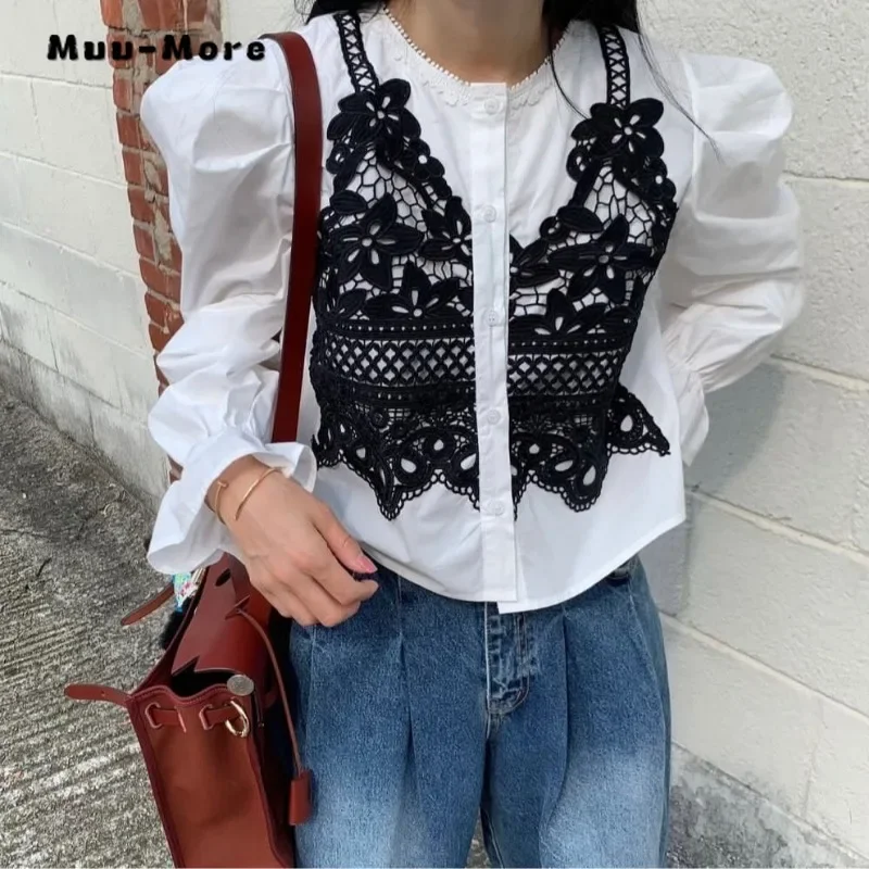 

Весна 2024, корейский повседневный стиль, лоскутные блузки с круглым вырезом, женские милые однобортные шикарные белые рубашки с длинными рукавами