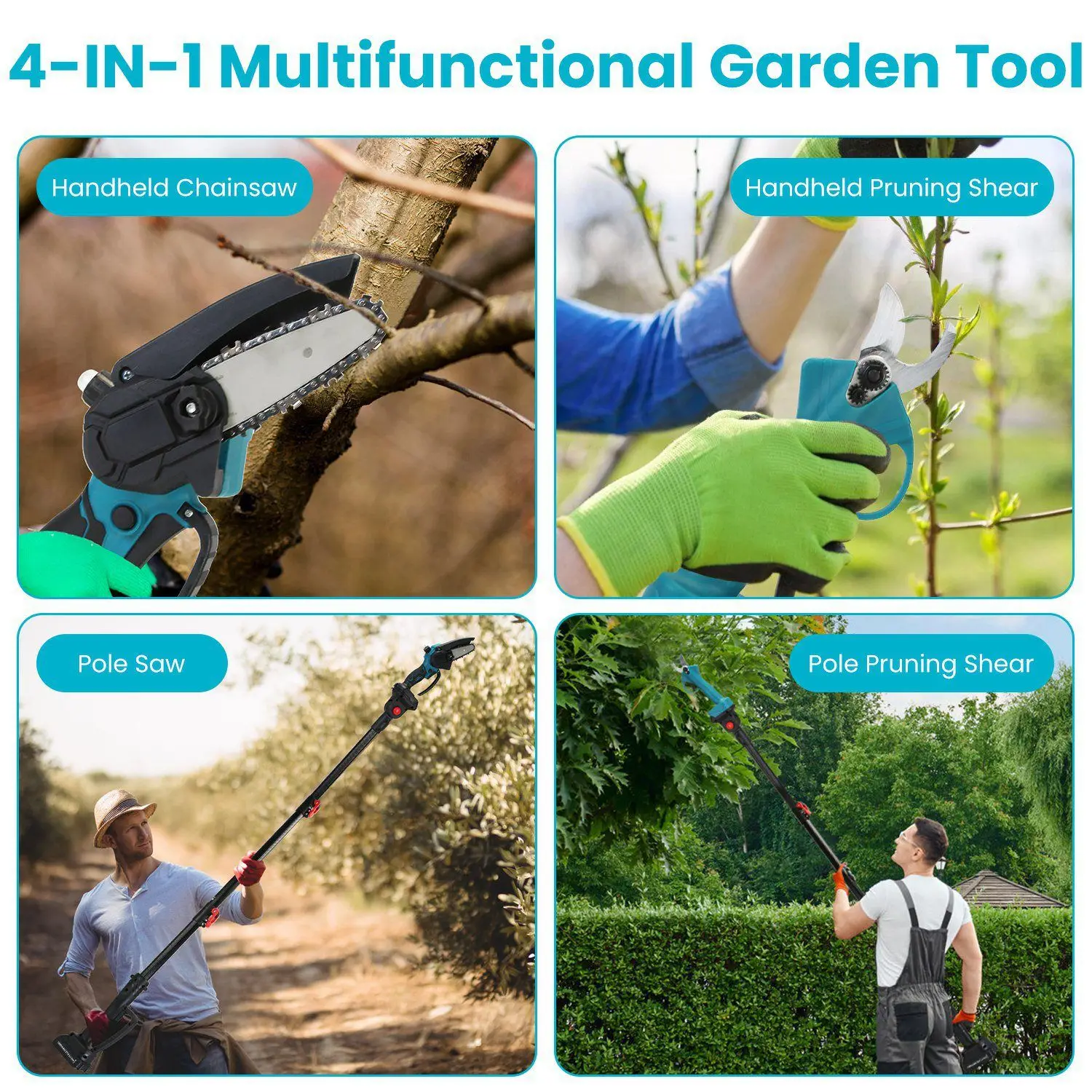 4-in-1 Pole Pruning Shears, Electric Pruning Shears & Pole Saws for Tree Trimming with 7 Adjustable Head Angles, Cordless Pole Shears and Battery Pole Saw with 2 Pcs 3000 mAh Rechargeable Batteries