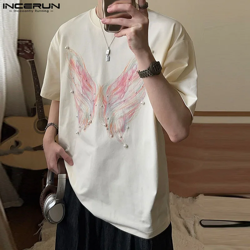 INCERUN Tops 2024 Korean Style Men's Personality Printed Pearl Decoration T-shirt Casual Streetwear Short Sleeved Camiseta S-5XL