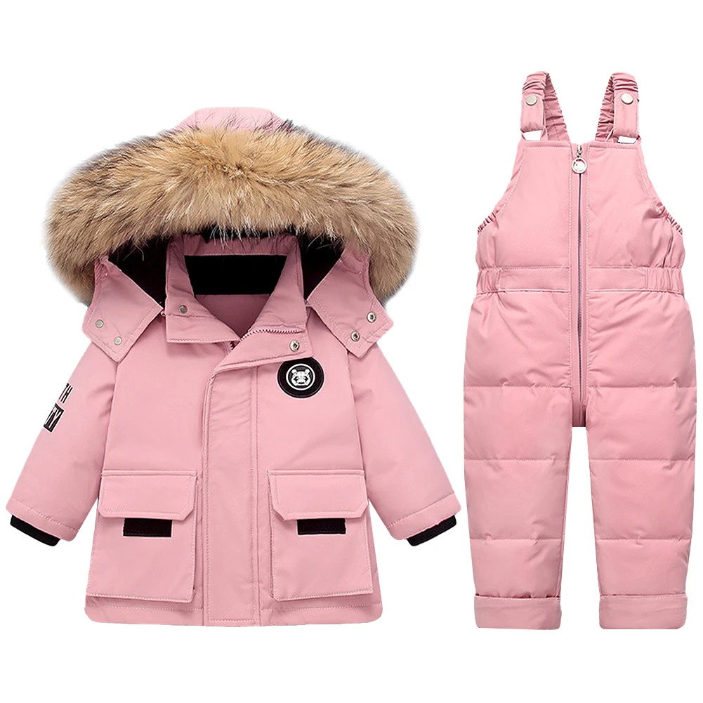 Toddler Girls Snowsuit 2-Piece Kids White Duck Down Jacket Winter Hooded Coat +Snow Bib Pants Baby Boys Windproof Skiing Suit