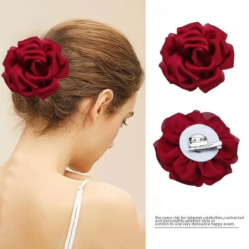 French satin 10CM three-dimensional large flower brooch hairpin premium versatile retro temperament rose fabric corsage