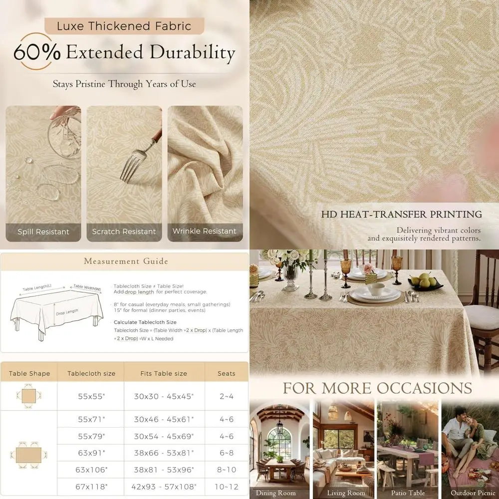 

Vintage Beige Floral Linen Rectangular Tablecloth, Waterproof Cover for Outdoor Dining, Party, Wedding, Christmas, 55x71