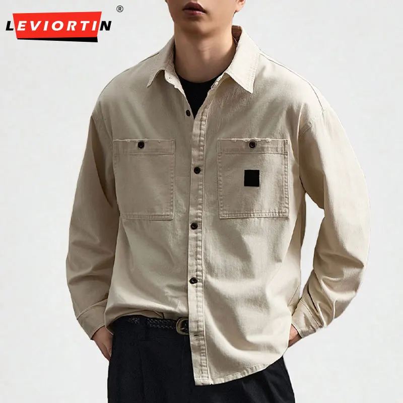 Heavy Garment Washed Distressed Men's Retro Utility Work Shirt, Loose Fit Chest Patch Pockets Casual Vintage Overshirt Jacket