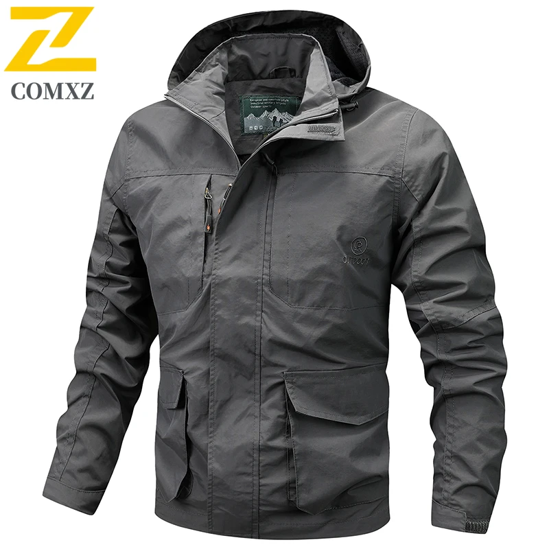 

Spring New Windbreaker Men Solid Casual Jacket Multi-Pocket Waterproof Coat Autumn Hooded Windproof Jackets Detachable Hat Coats