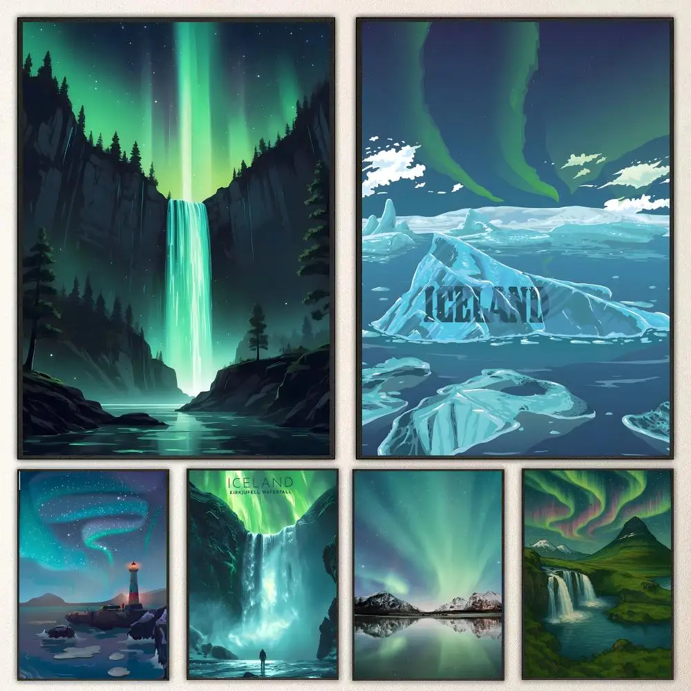 Pattern Iceland Aurora Poster High-definition  poster stickers, suitable for bedroom, living room, home decoration