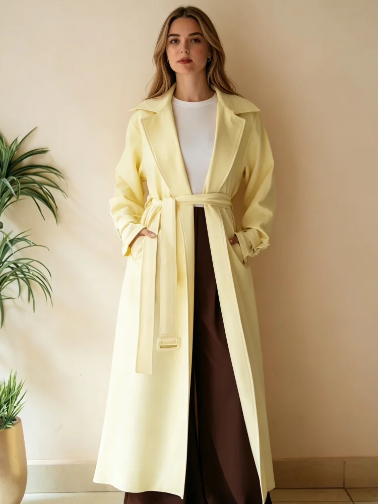Women Maxi Long Trench Coat Lapel Open Front Self Tie Belt Cuff Strap Loose Fit Long Outerwear Casual Office Outfits