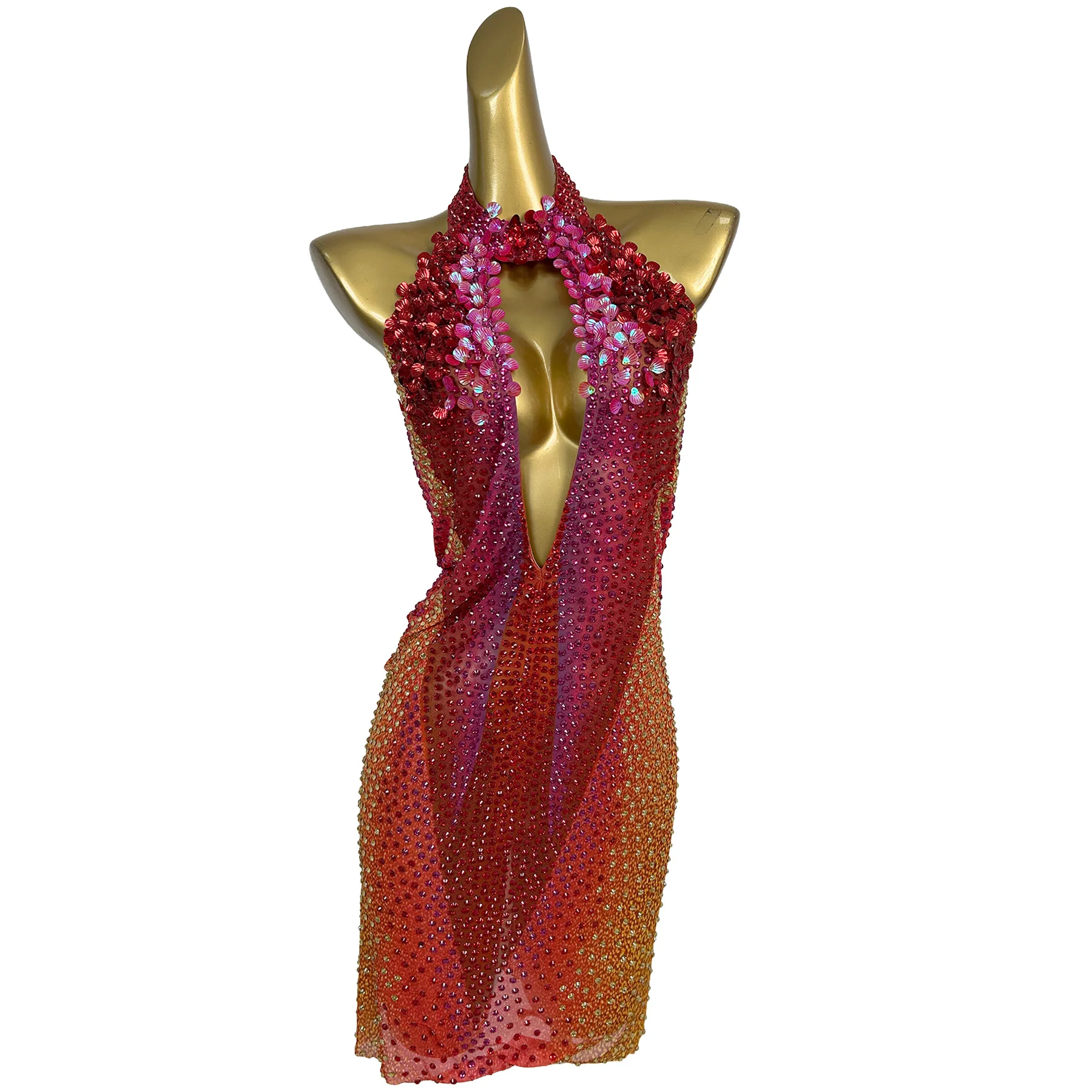 Honghaixia Women Bodycon Mini Dress Halter Deep V Neck Mesh Fabric Gradient Sequin Rhinestone Embellished Nightclub Party Dress