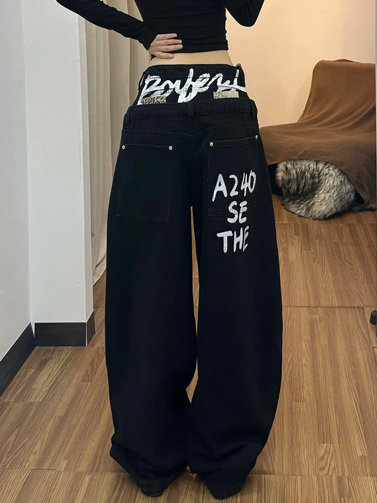 

American High Street Loose Printed Denim Jeans Women's Spicy High Waist Bf Lazy Sle Knife Floor-Length Trendy Pants
