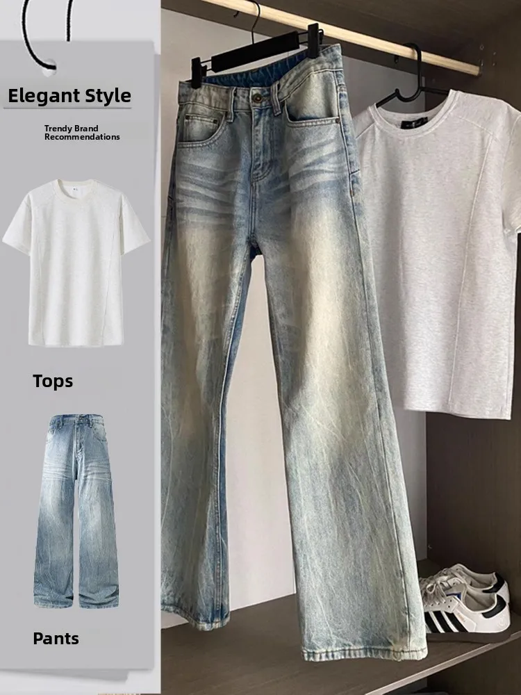 

Cool Men's Blue Jeans Set Bow Knife Straight Leg Jeans Spring Fashion Couple's Long Pants T-Shirt Short Sleeve Casual Wear