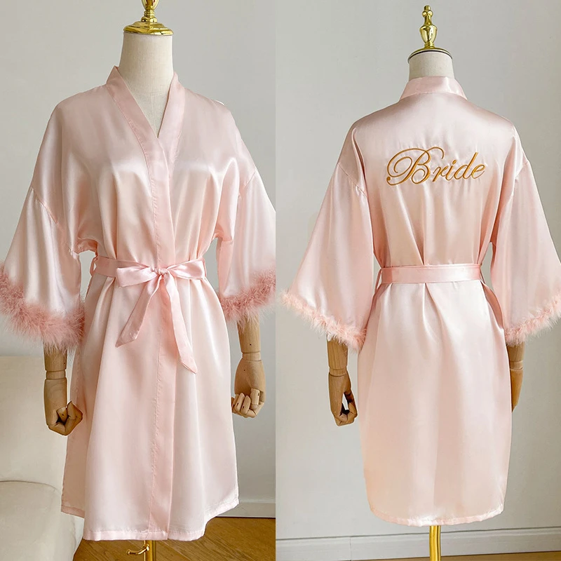 Wedding Bride Bridesmaid Robe Satin Kimono Intimate Lingerie Lady Sexy Feather Sleeve Bathrobe Nightgown Short Sleepwear Onesize