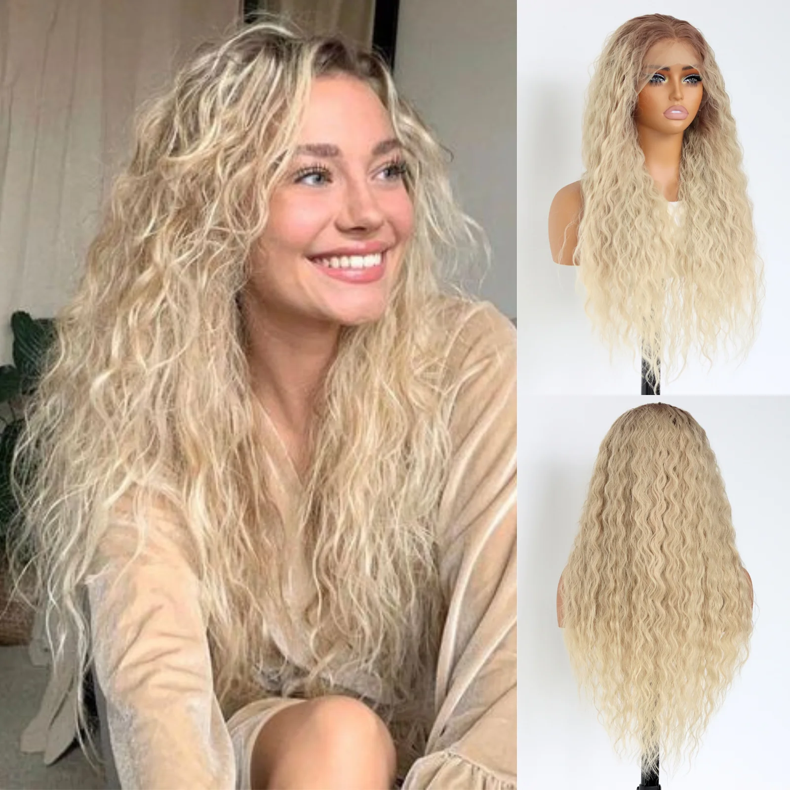 SALLYWELL Omber Blonde Gradation Curly Lace Front Synthetic Wig 13×4 Lace Front Wigs