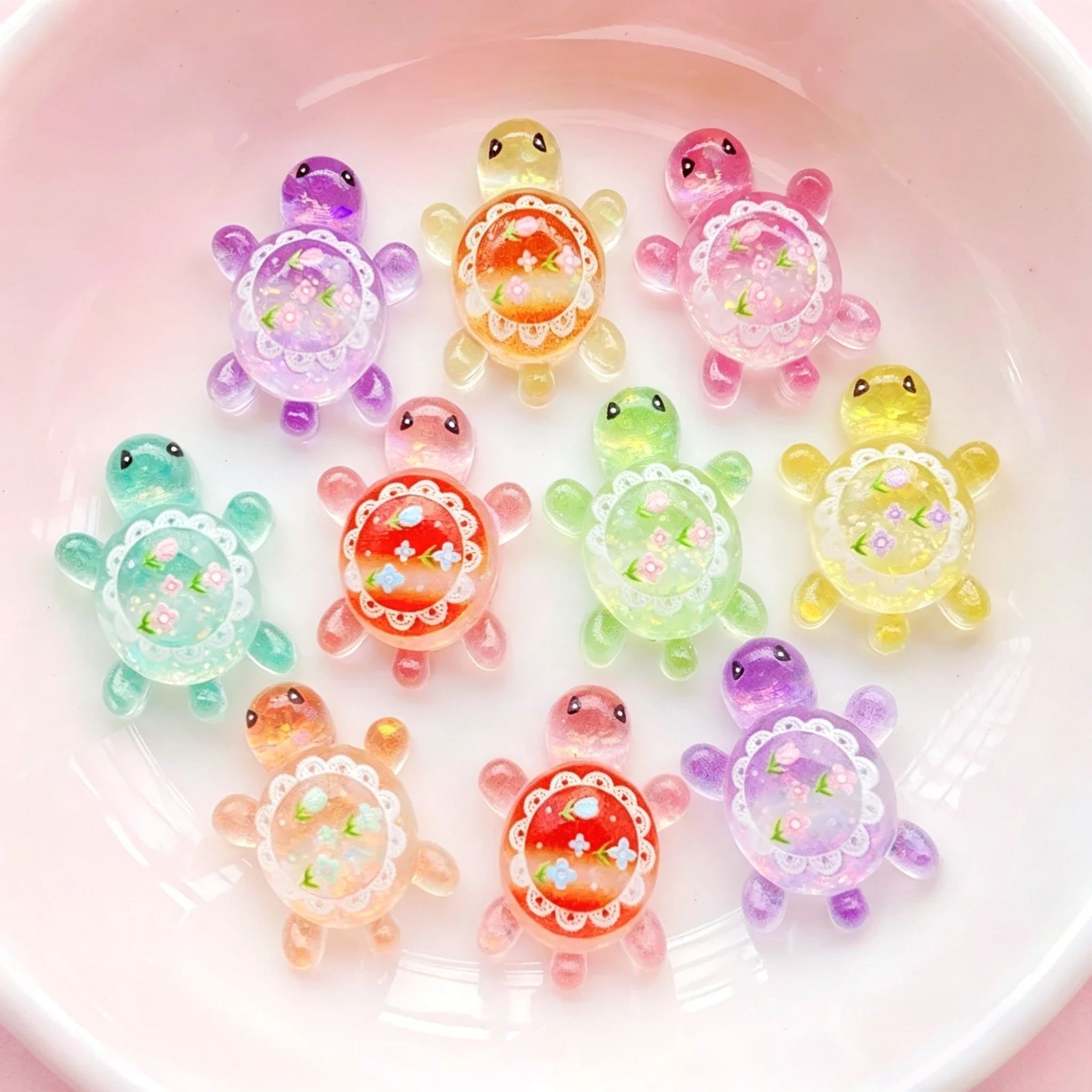 10Pcs Kawaii Shiny Colorful Turtle Resin Charms, Mini Flat Back Sea Turtle Ornaments