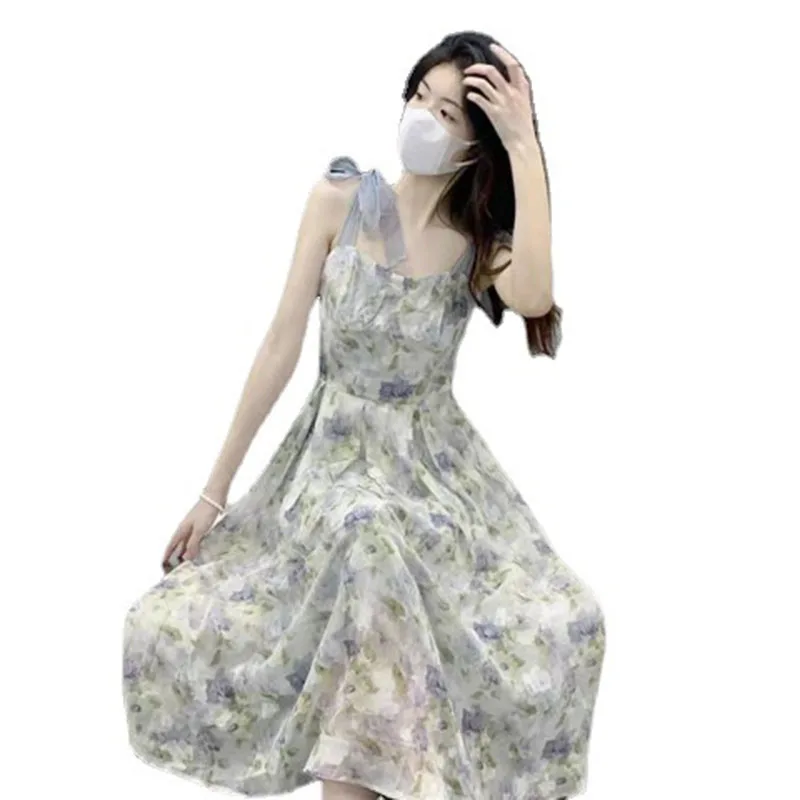 

Floral Dress Gentle Lovely Wind Women Summer Design Artistic Skirt Korean Style Fashion Dress Suit For Beach Vacation Holiday