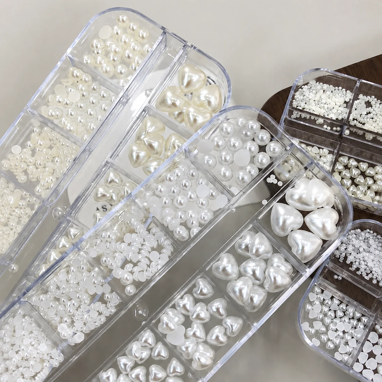 12 Grids Heart & Round Pearl Nail Charms Set Mixed Size White Pearls 3D Nail Art Decorations view 6