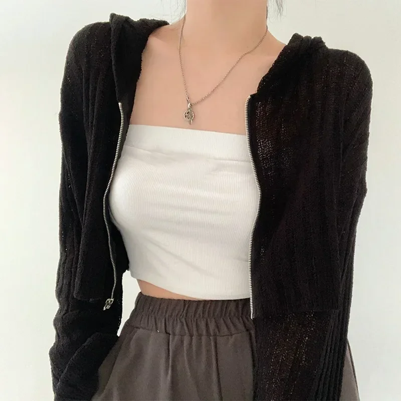 Ezgaga Knitted Cardigan Women Chic Autumn Hooded Zipper Cropped Sweater Outwear Solid Loose Stretch Fashion Ladies Tops