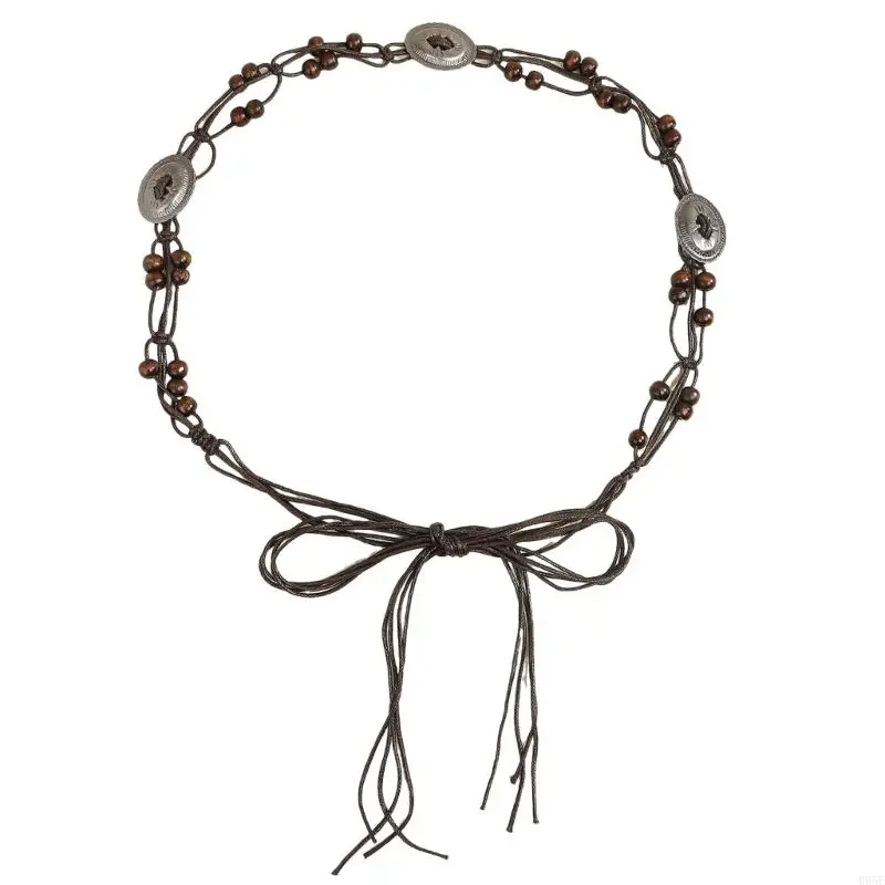 

B95F Braided Adjustable Waist Belt with Beaded Detail Coffee Brown Cord