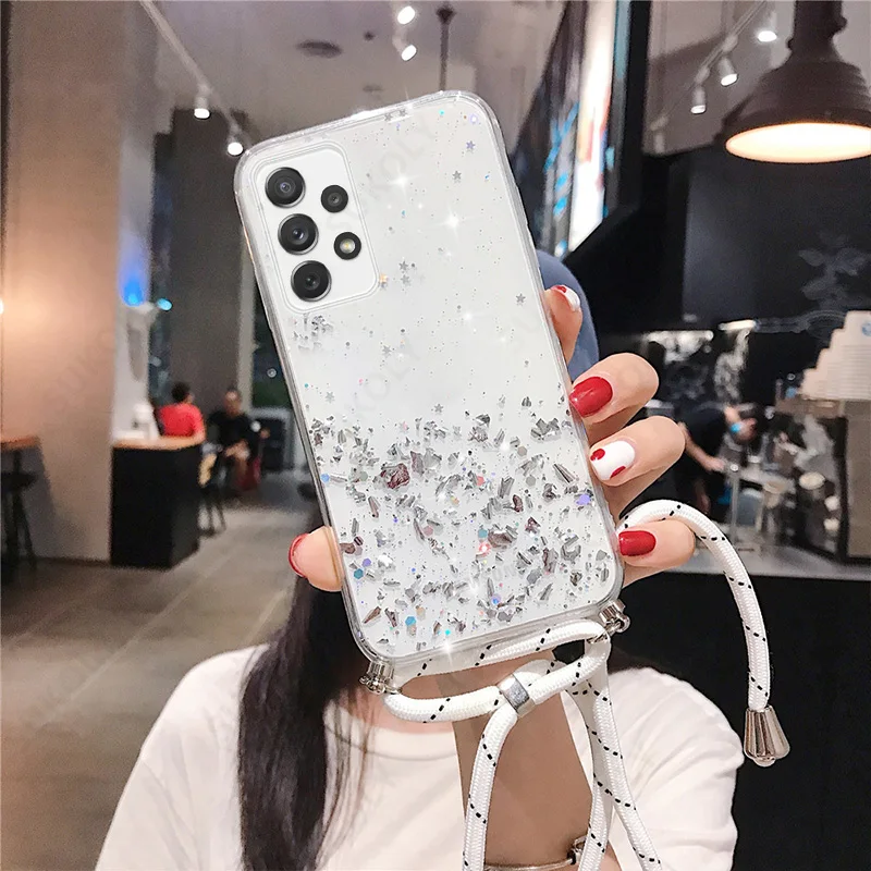 For Xiaomi Redmi Note 13 Pro 4G Plus 5G Luxury Glitter Strap Cord Necklace Lanyard Case On Mi Poco X6 M6 Note13 13pro Back Cover