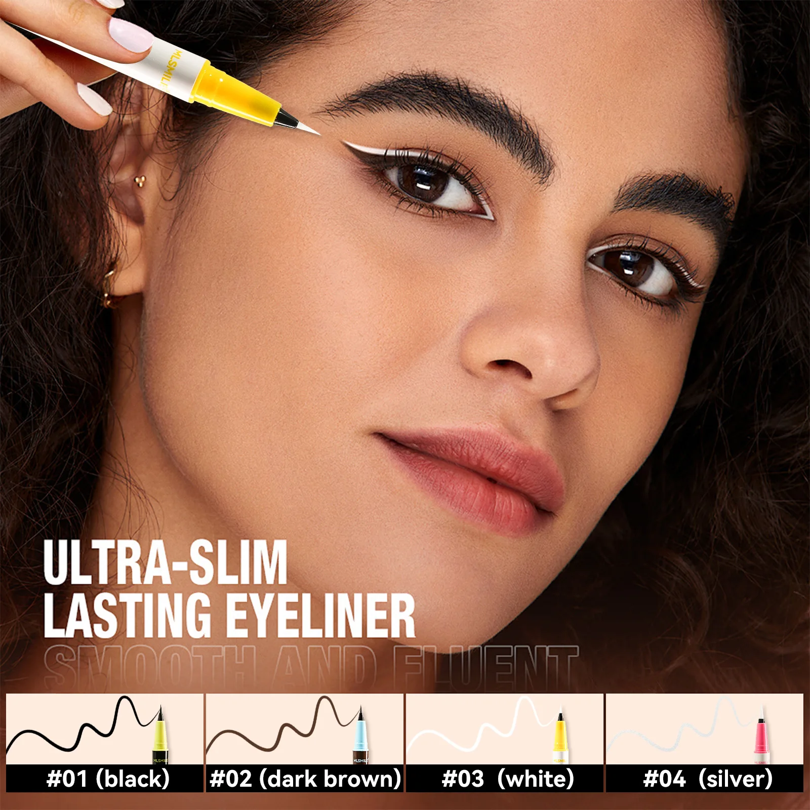 Lang anhaltendes Flüssig-Eyeliner-Set, 4-teilig, natürlicher Look, ultrafeine Spitze, Weiß, Schwarz, Tiefbraun, Metallic-Silber, Anfängerfreundlich