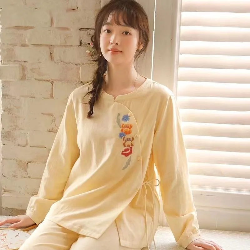 

Pajamas Female Spring and Autumn Pure Cotton Long Sleeve National Customs Embroider Ms. Sweet Can Be Worn Outside Loungewear