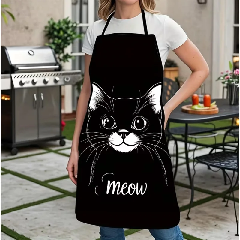 Cute Black Cat Print Apron, 1-Piece, Home BBQ Cooking & Household Chores Apron, Stain-Resistant & Easy To Wash