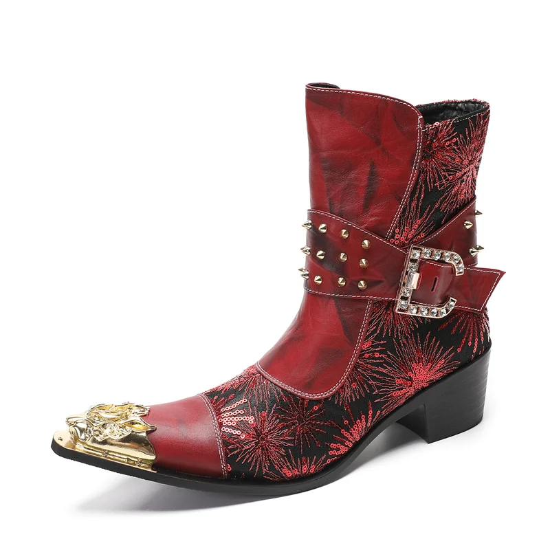 Autumn Men\'s Boots Spike Metal shoes and hats High-heeled Belt buckle Rivet Red Luxurious Increase Model