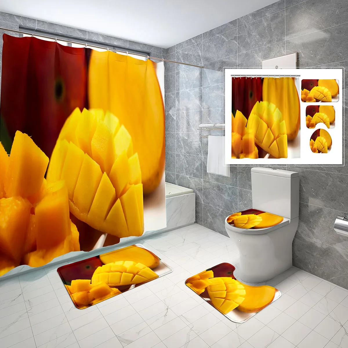Mango Shower Curtain Sets 4 Pcs with Non-Slip Rugs Mat Toilet Lid Delicious Tropical Fruit Theme Waterproof Shower Curtain Set