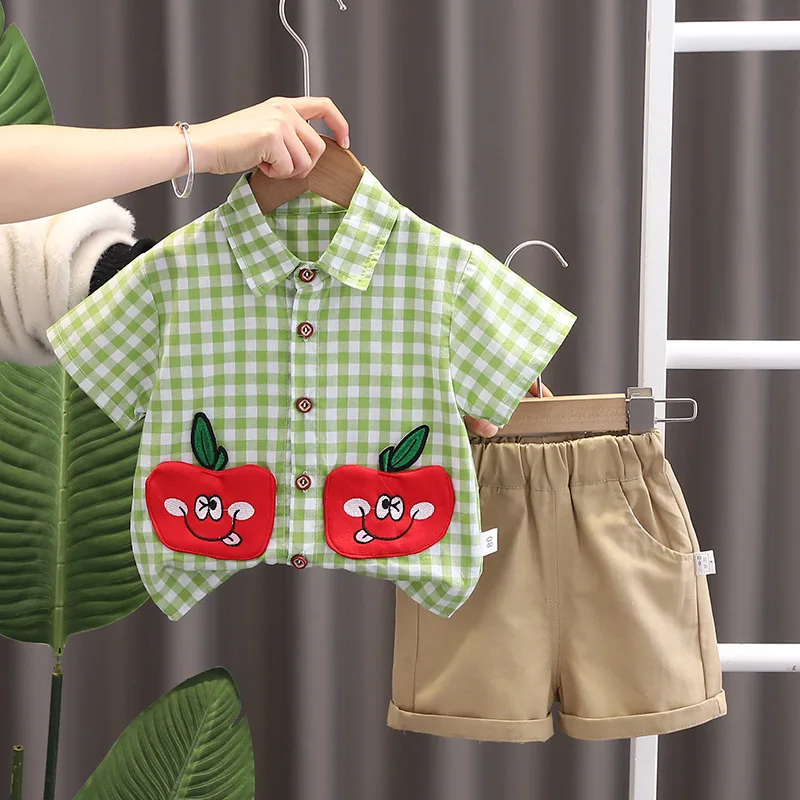 Kids Baby Boy 2 Piece Set 2024 Summer Plaid Apple Pocket Flip Collar Short Sleeve T-shirts and Shorts Infant Boys Clothes Outfit