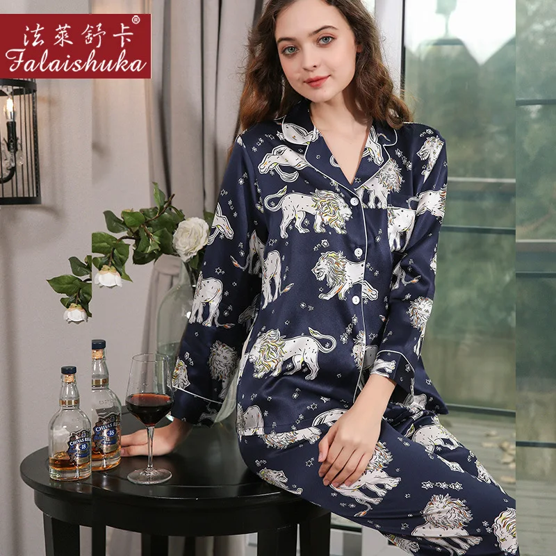 19 momme 100% genuine silk pajamas sets women sleepwear Elegant fashion lion animal pure natural silk pyjamas T8255