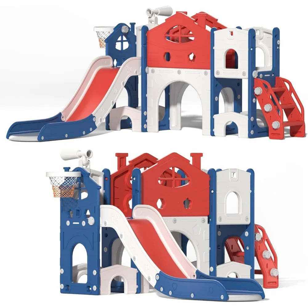 Kids Slide Playset with Climber, Toddlers Slide Freestanding Castle with Basketball, Storage Area, Tunnel for Indoors and Outdoo