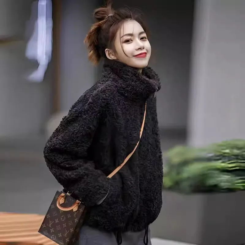 Women's Korean Style Plush Jacket, Imitation Lamb Fleece Coat with Stand Collar, Thickened Winter Warm Zip-Up Outerwear w2222
