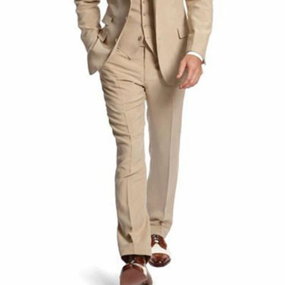 Beige Casual Business Men Suits Fashion Peaked Lapel Two Button Custom Made Wedding Groom Tuxedos Three Piece Jacket Pants Vest