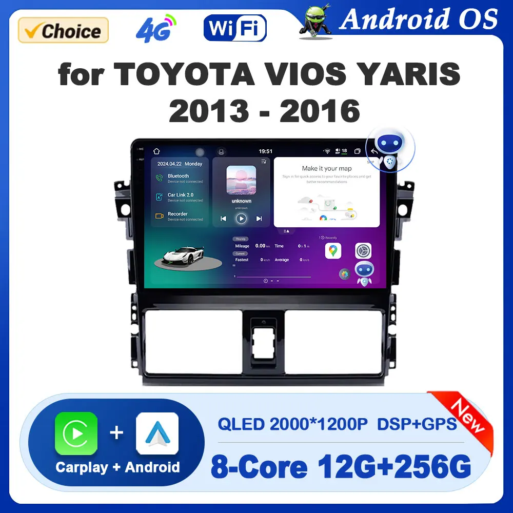 

10 inch Car Radio Multimedia Player for TOYOTA VIOS YARIS 2013 - 2016 Android Auto GPS Navigation WiFi+4G Bluetooth Touch Screen