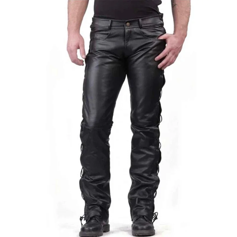 

Men's Vintage Black Matte Faux Leather Splicing Straight Pant With Pockets Male Chic PU Casual Trousers Party Streetwear Custom